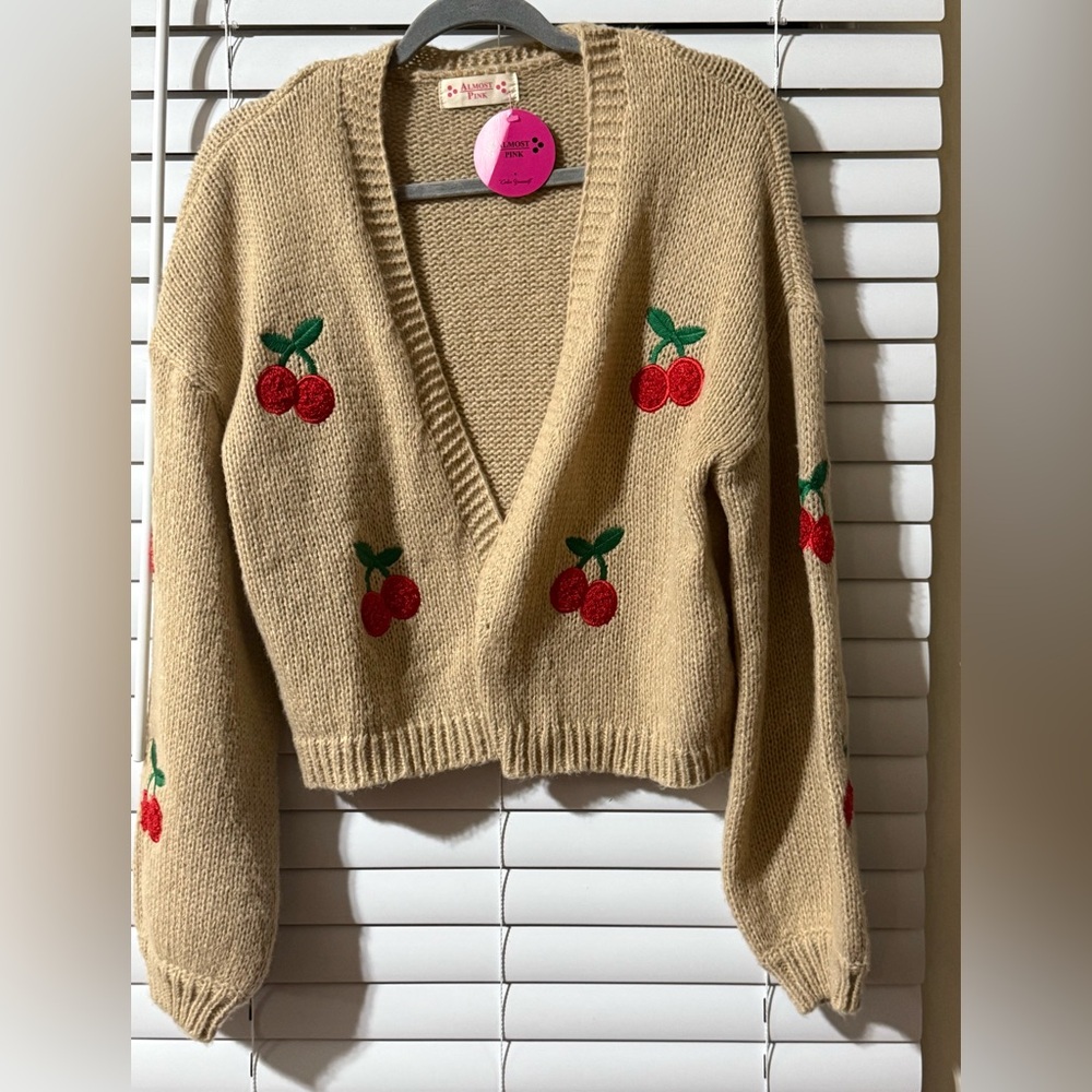 Charming Beige V-Neck Sweater with Cherry Embroidery